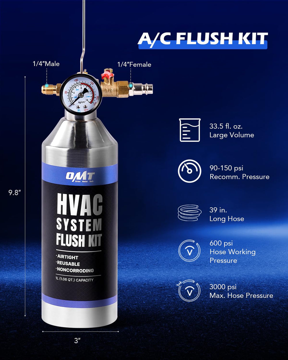 Orion Motor Tech AC Flush Kit supports multiple systems, including R134a and R410a, for flexibility.