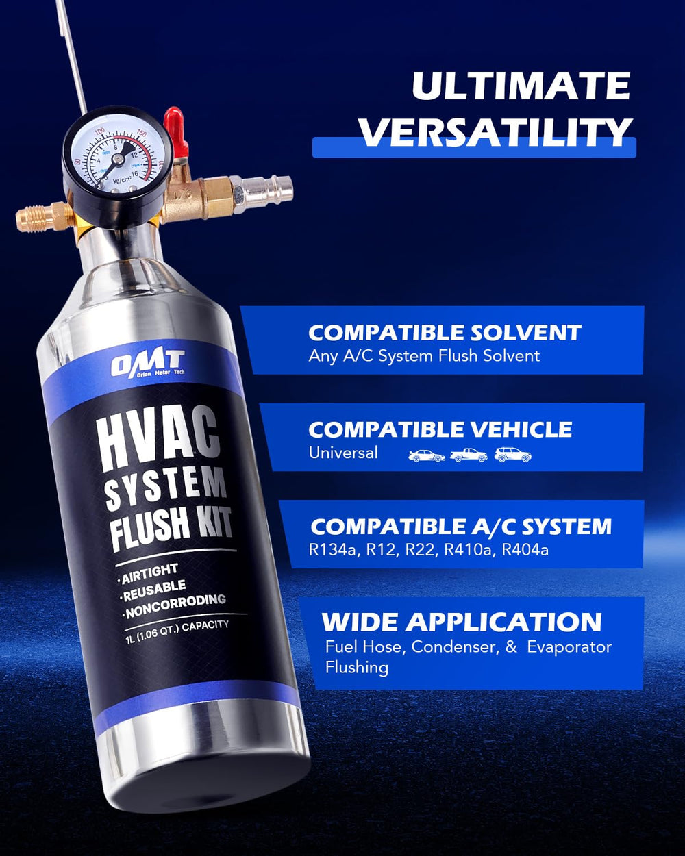 Orion Motor Tech flushing kit nylon-coated hose enables controlled pressurization with added protection.
