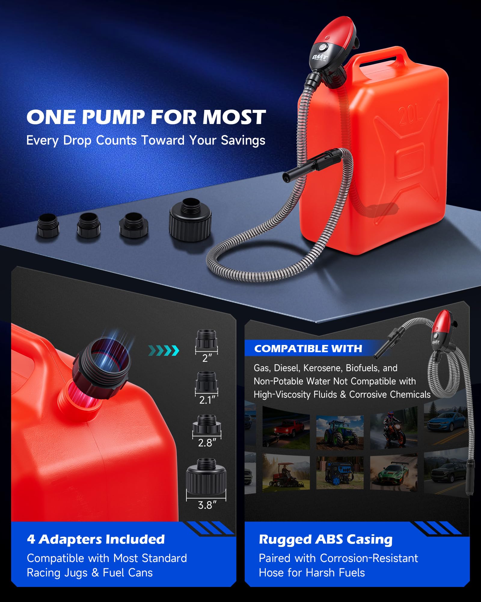 Orion Motor Tech pump includes four adapters for multiple cans.