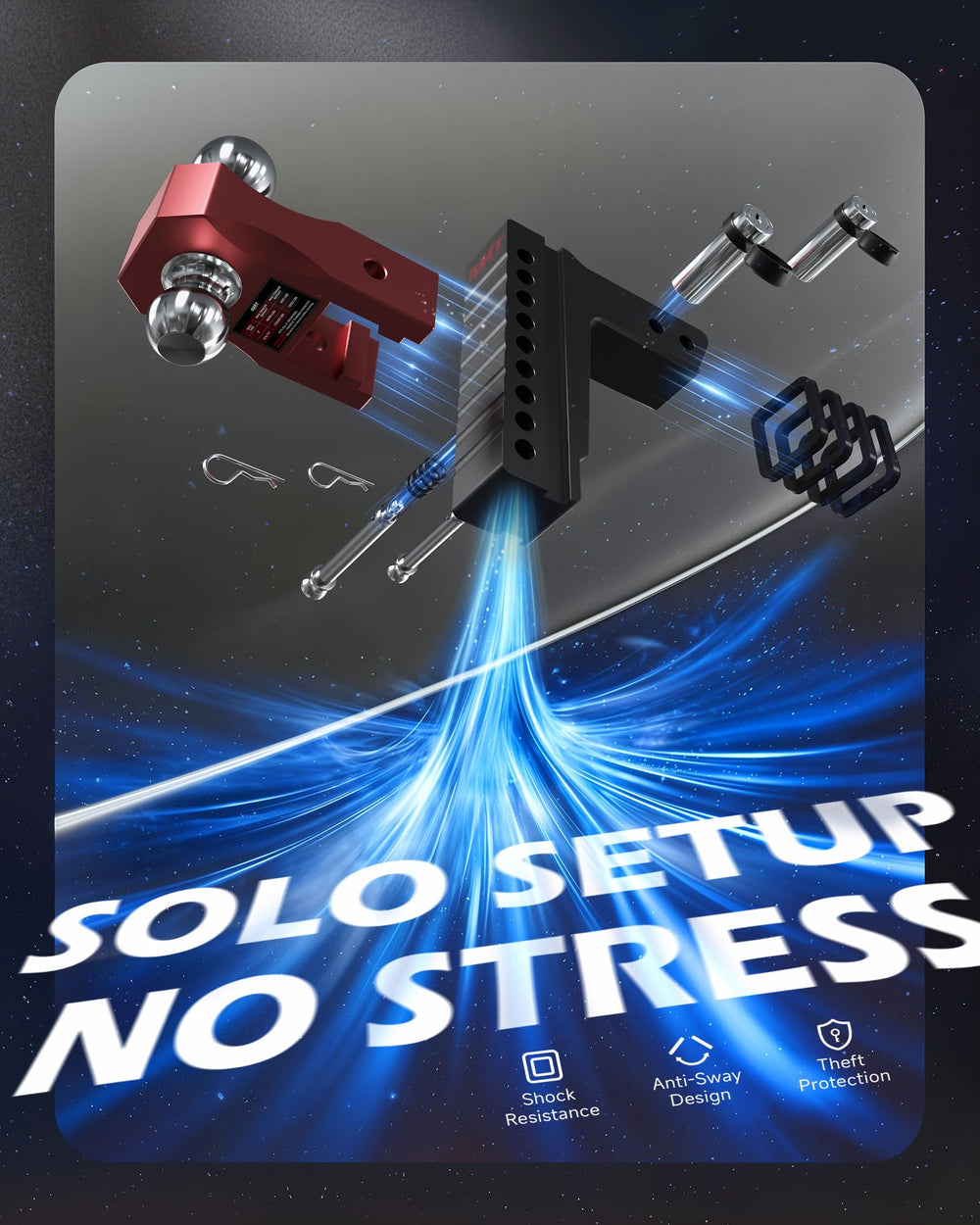 Orion Motor Tech locking pins secure the hitch for theft deterrence.