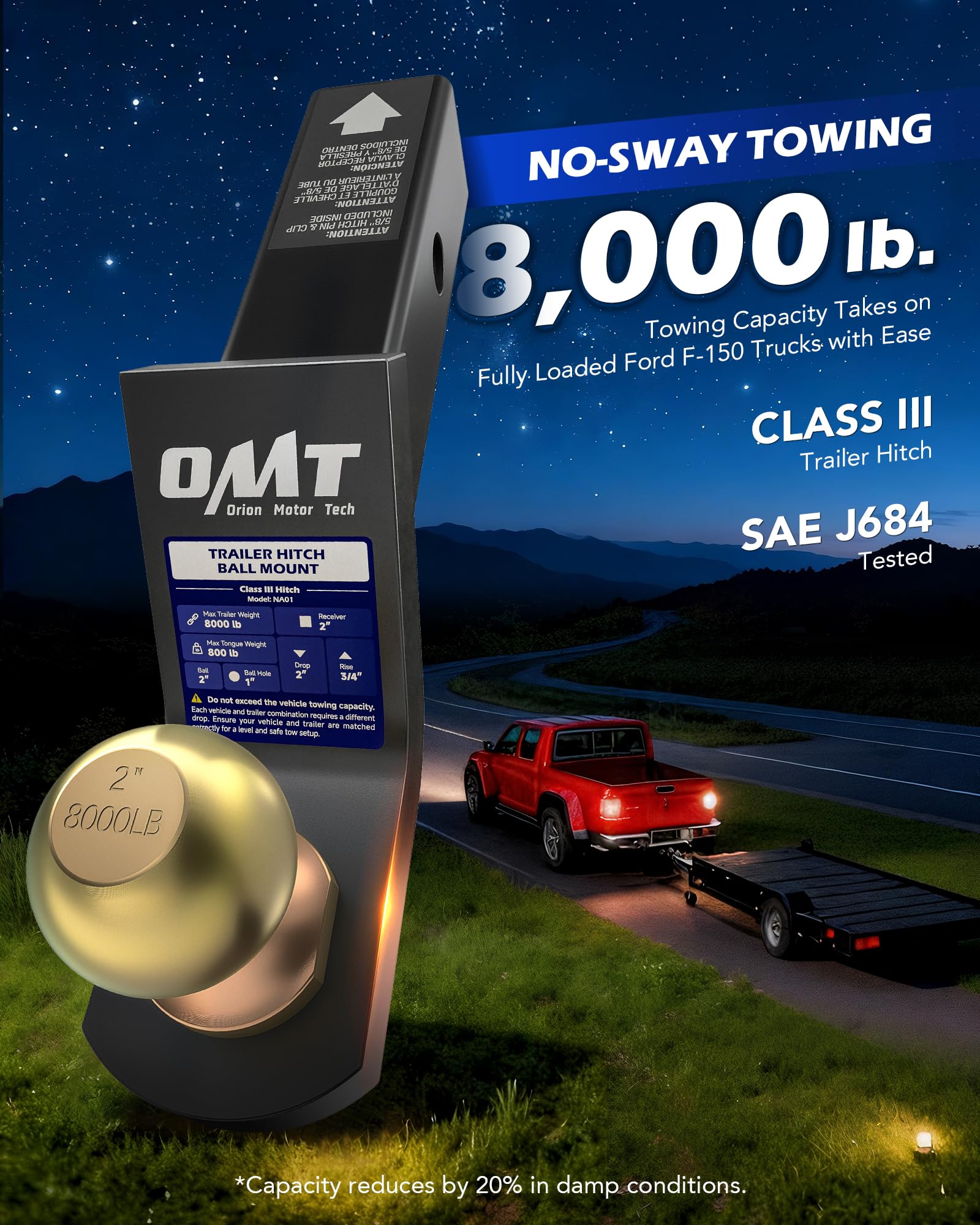 Orion Motor Tech 2in receiver hitch shown for quick, easy installation.