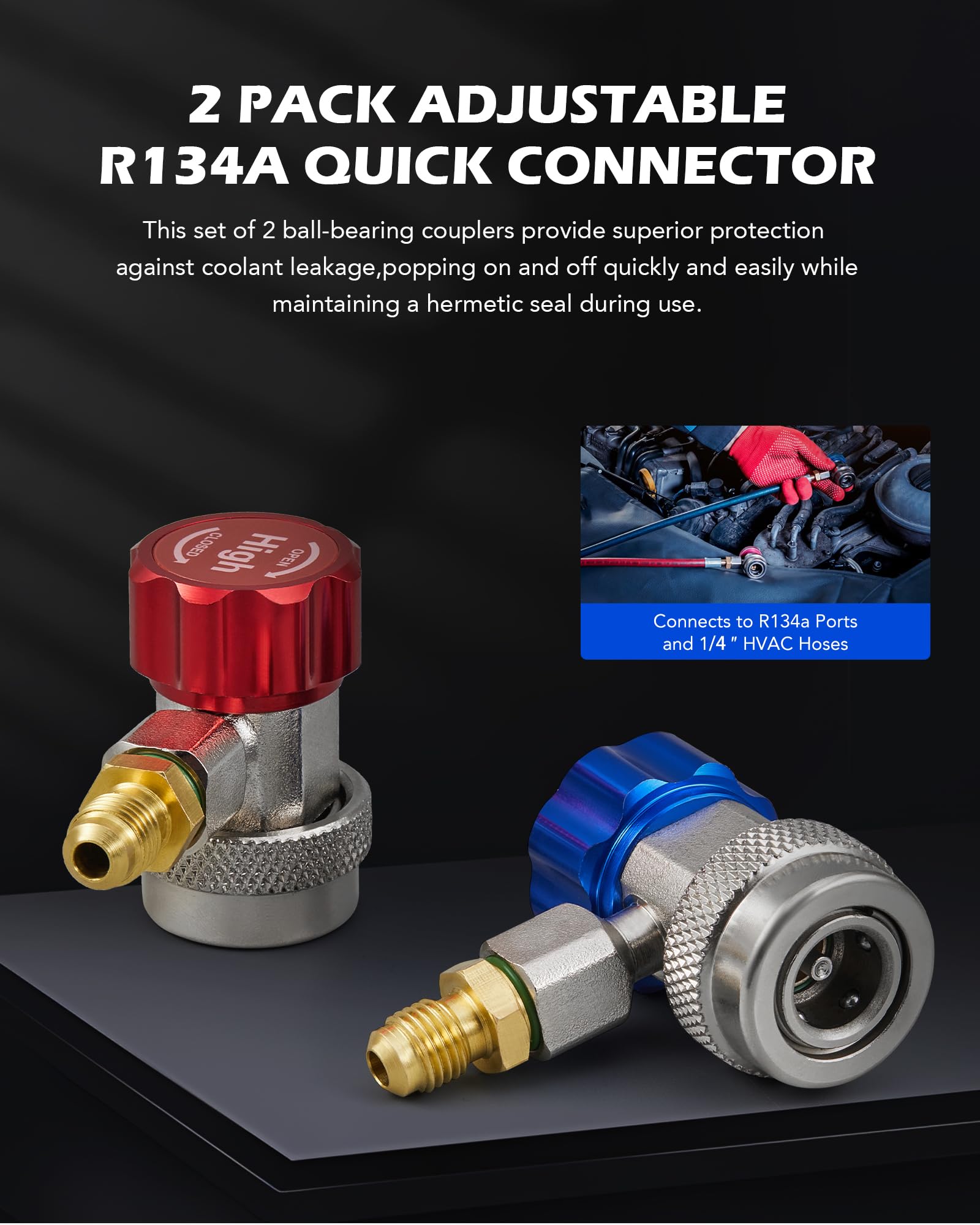 Orion Motor Tech HP and LP connectors ensuring reliable connections during R134a servicing