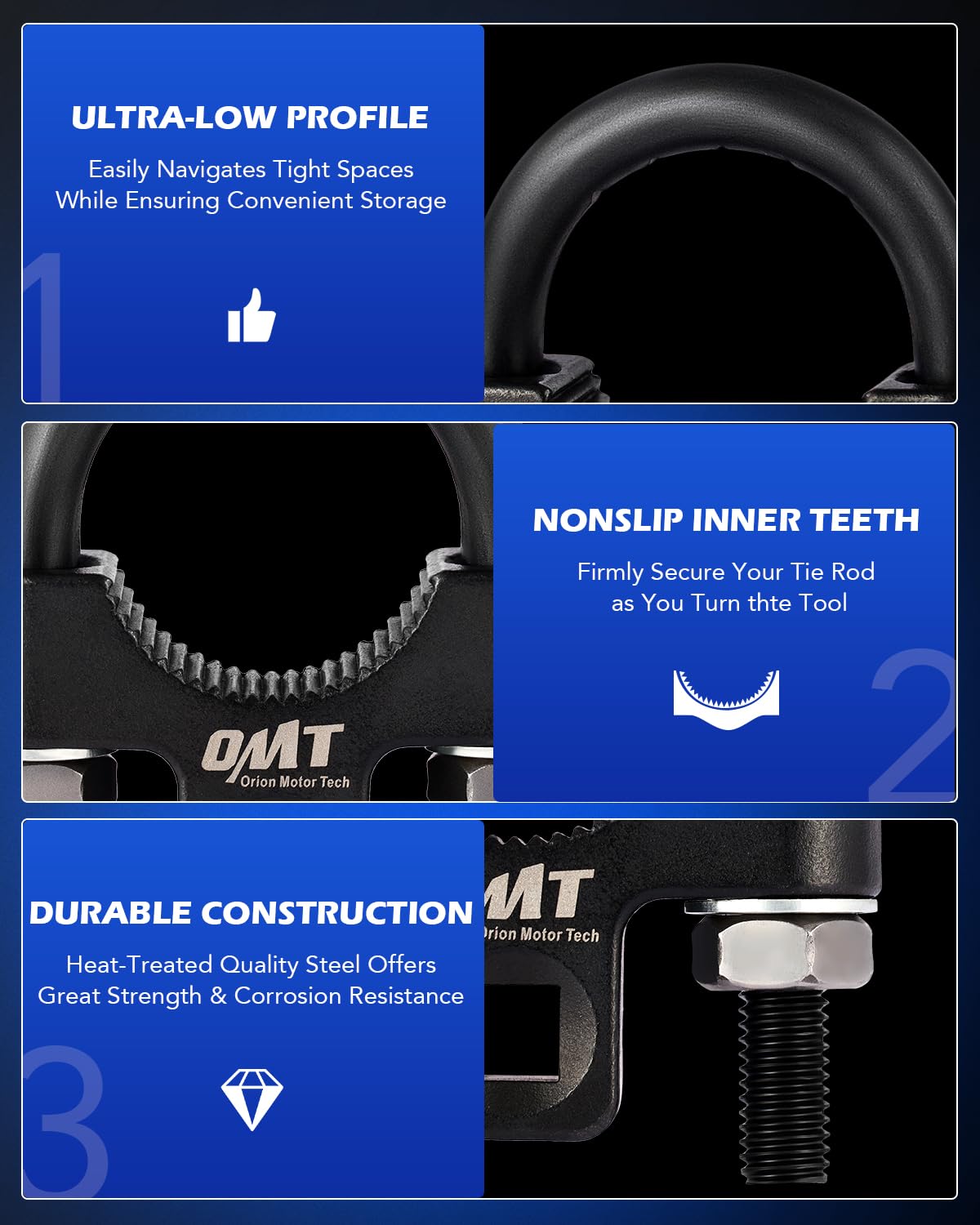 Orion Motor Tech tool teeth grip securely to prevent slippage.