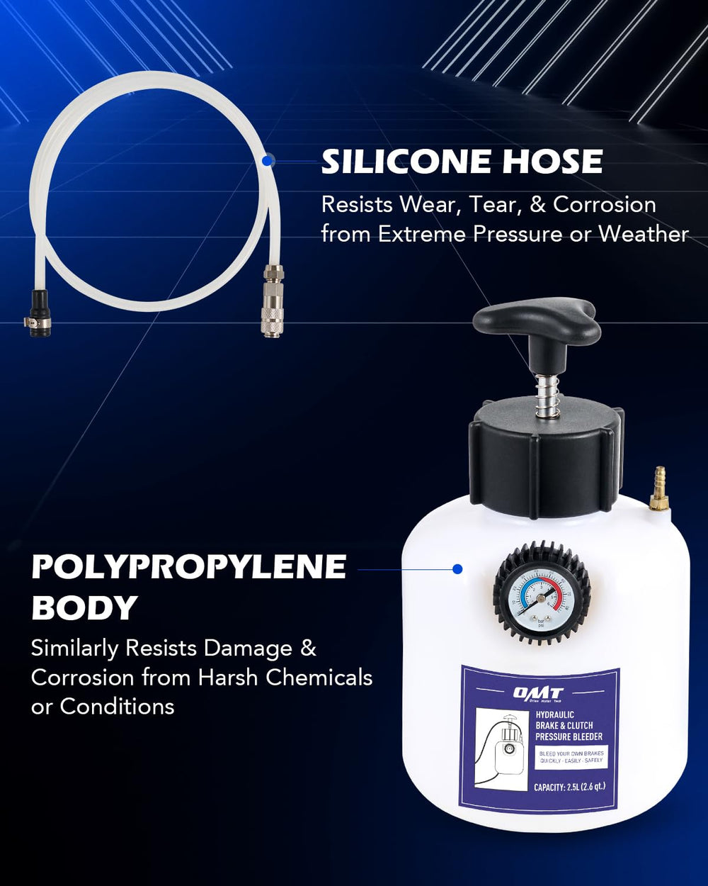 Orion Motor Tech long silicone hose resists heat and chemicals for durability.