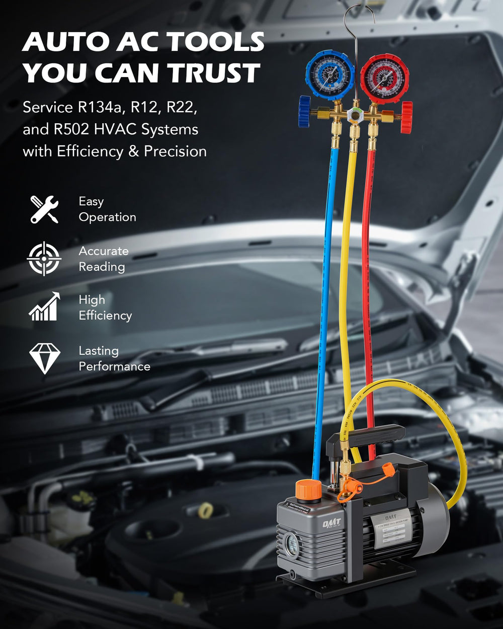 Orion Motor Tech manifold gauge kit image: precise readings for refrigerant charging.