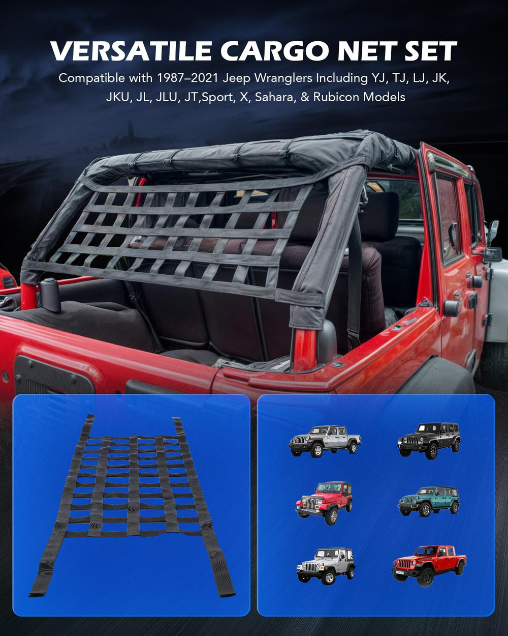 Orion Motor Tech mesh cargo net 2-pack mounted on a Jeep Wrangler for safe cargo.