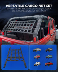 Orion Motor Tech mesh cargo net 2-pack mounted on a Jeep Wrangler for safe cargo.