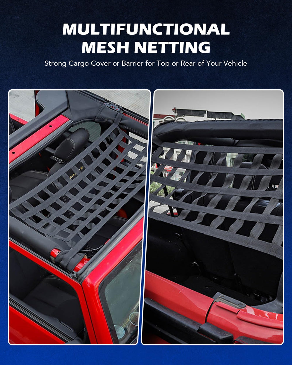 Orion Motor Tech mesh cargo net 2-pack top strap closure aids quick installation.