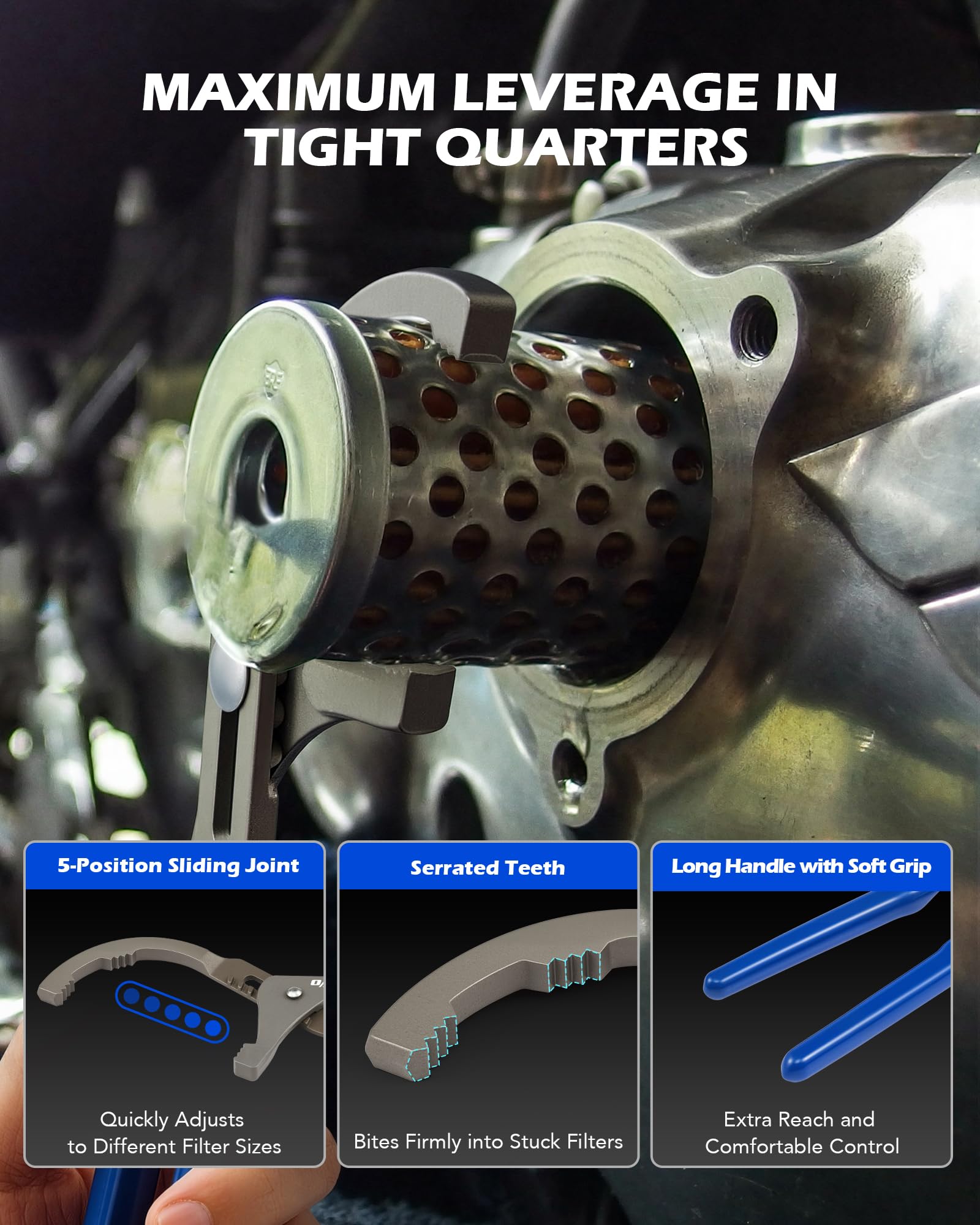 12-inch pliers in Orion Motor Tech kit for tough-to-reach filters.