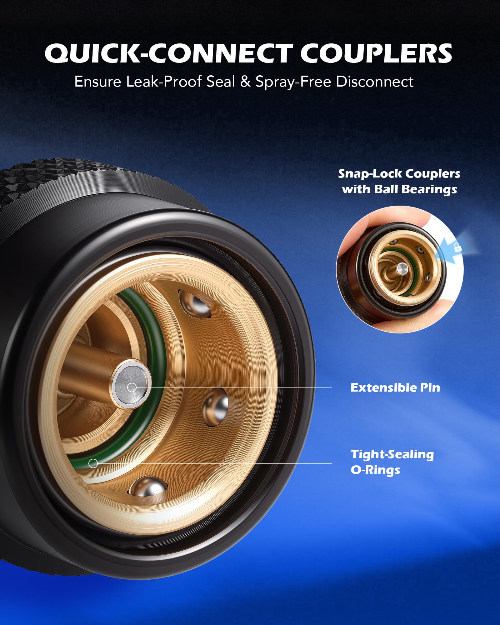 Orion Motor Tech R134a quick-connectors enable snap-on service without tools.