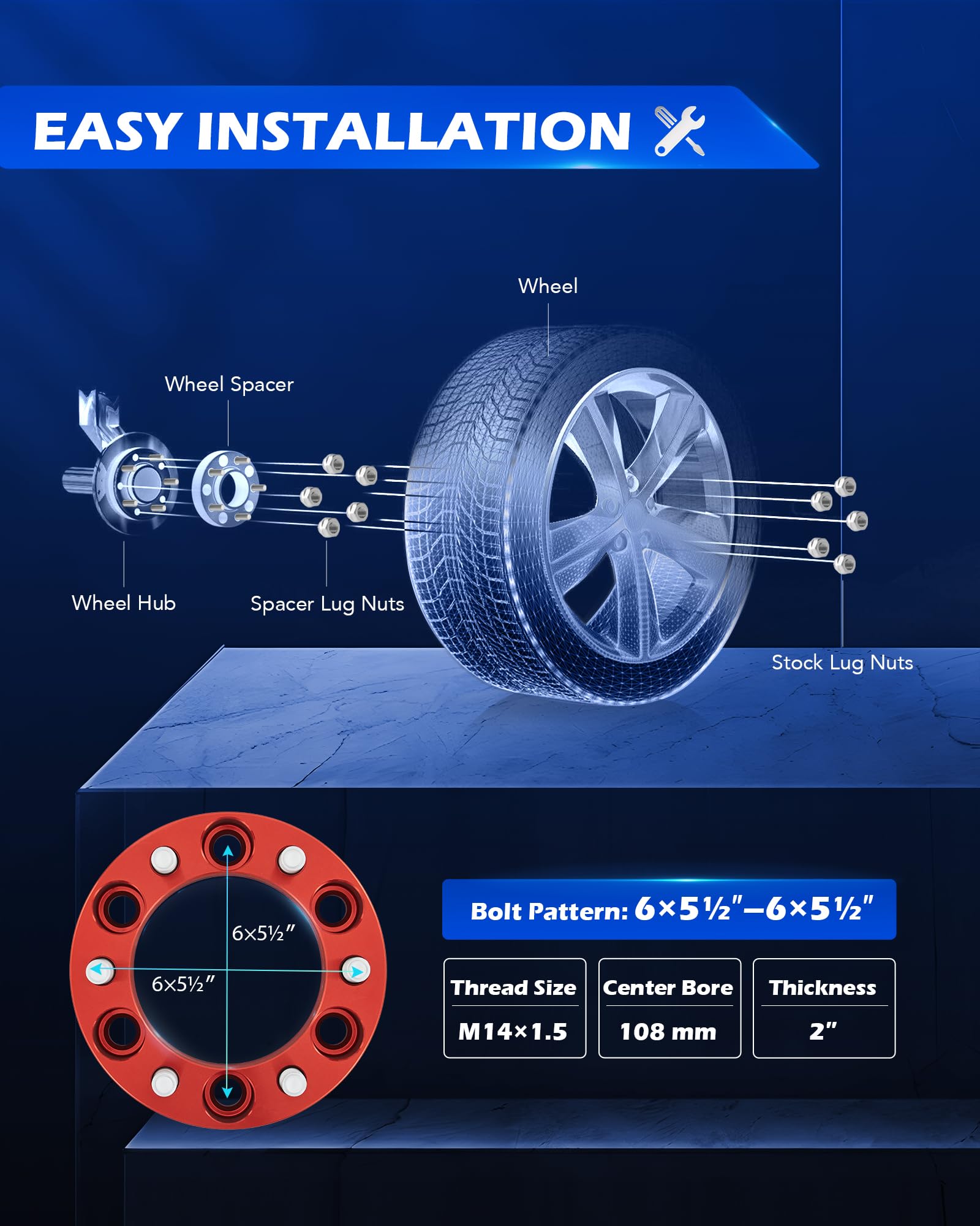Orion Motor Tech red 108mm bore spacers ensure precise hub fit and safety