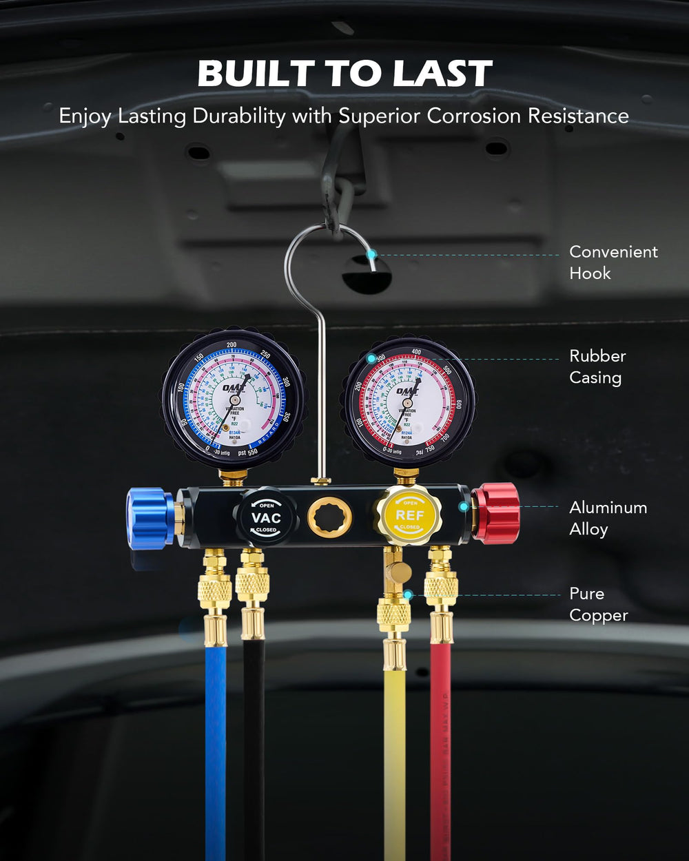 Orion Motor Tech refrigerant adapters compatible with R134a, R22, and R410a