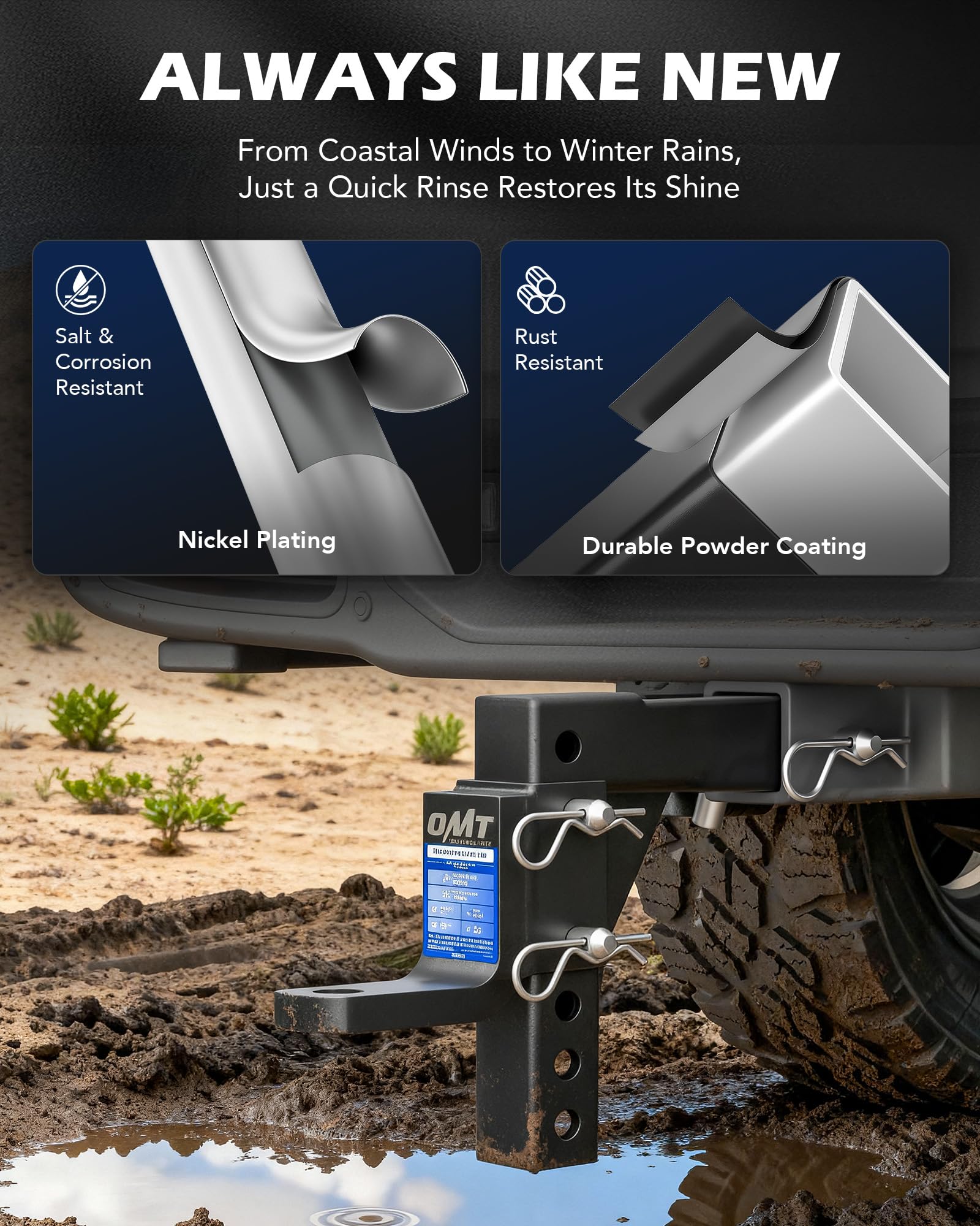Orion Motor Tech rust-resistant powder coating on hitch for weather resistance