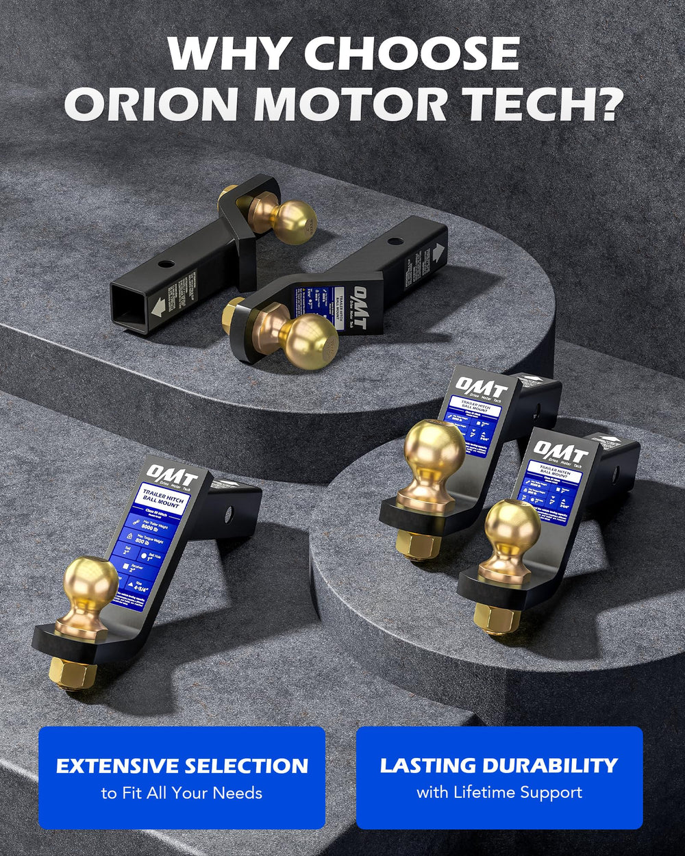 Orion Motor Tech SAE J684-tested hitch system for safe towing.