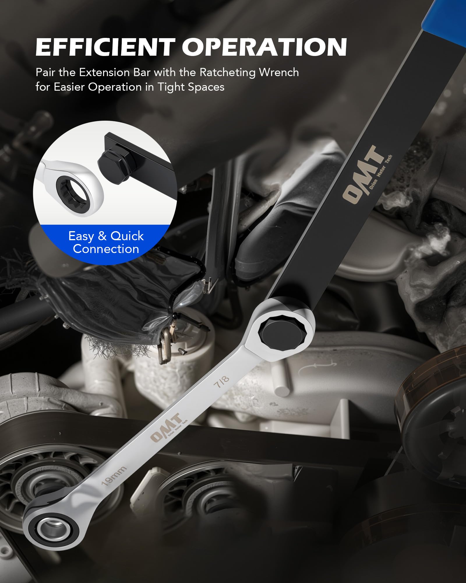 72-tooth ratchet with five-degree swing for tight spaces.