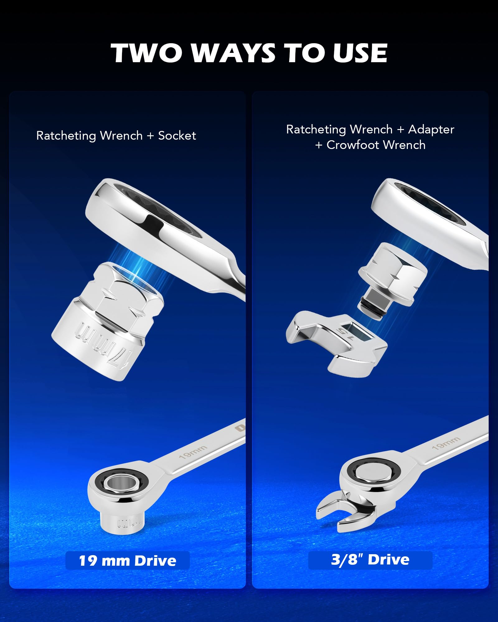 Contents laid out: sockets, wrenches, and adapters for versatile belt work.