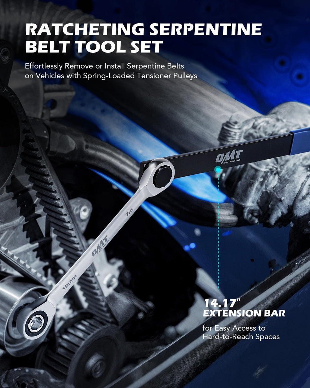 Orion Motor Tech tool kit in action under the hood for belt removal.