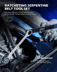 Orion Motor Tech tool kit in action under the hood for belt removal.