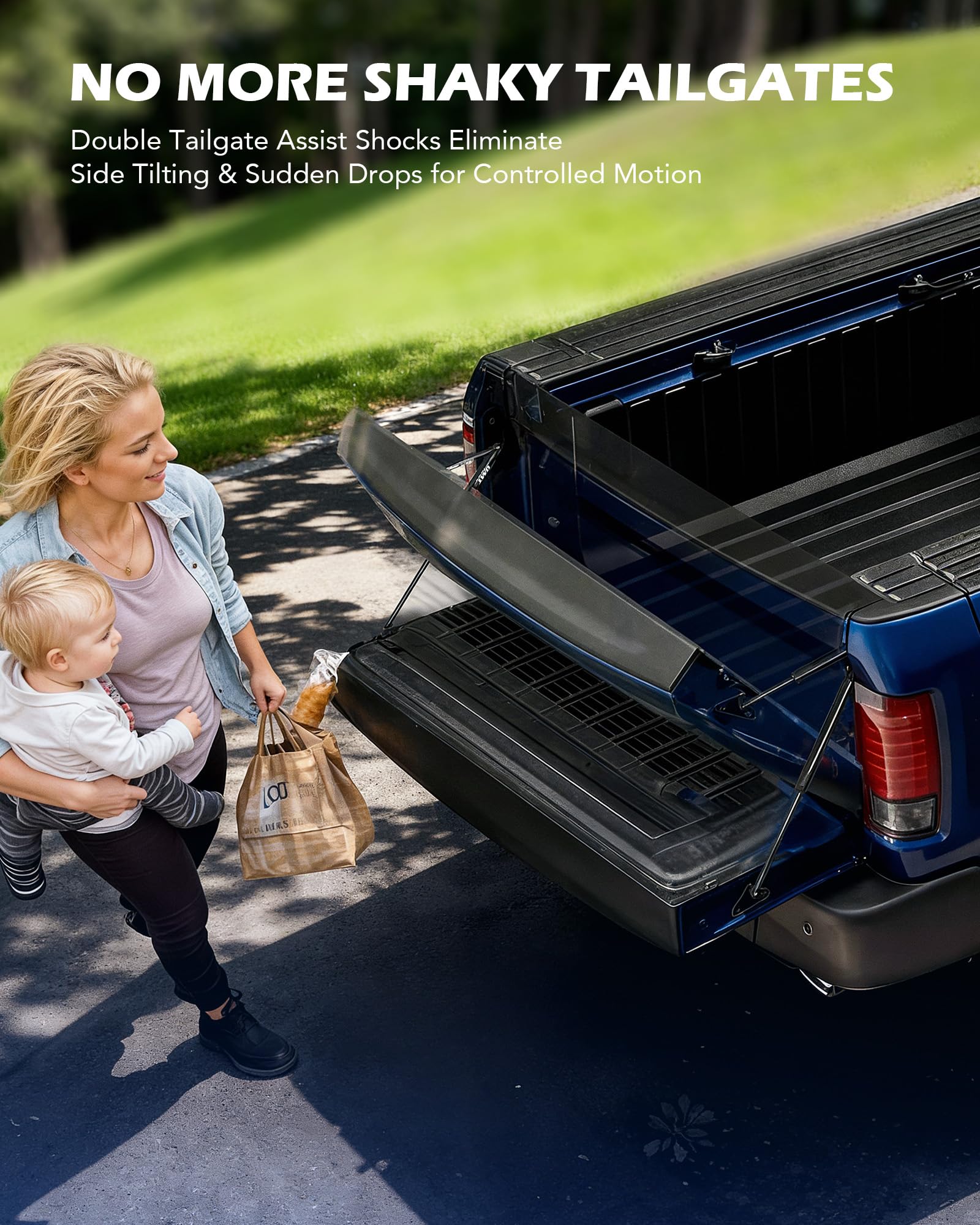 Orion Motor Tech tailgate assist installed on Ford F-150 tailgate, reducing impact.
