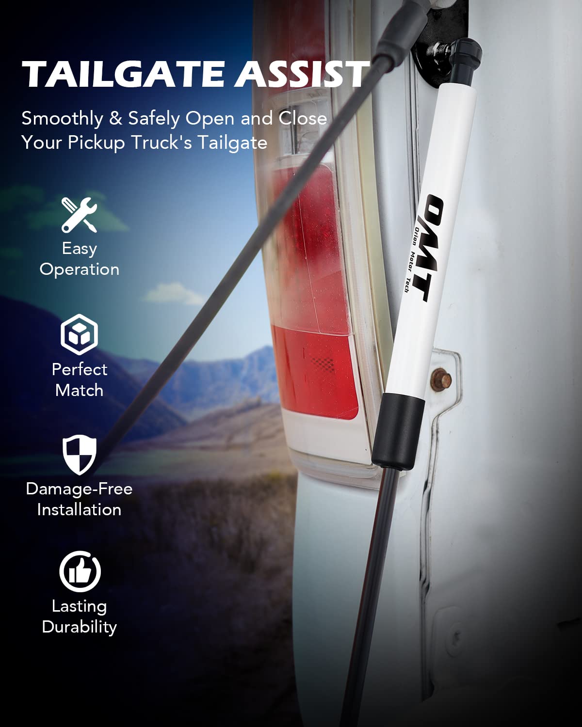 Orion Motor Tech tailgate damper installed delivers controlled, soft lowering during loading.