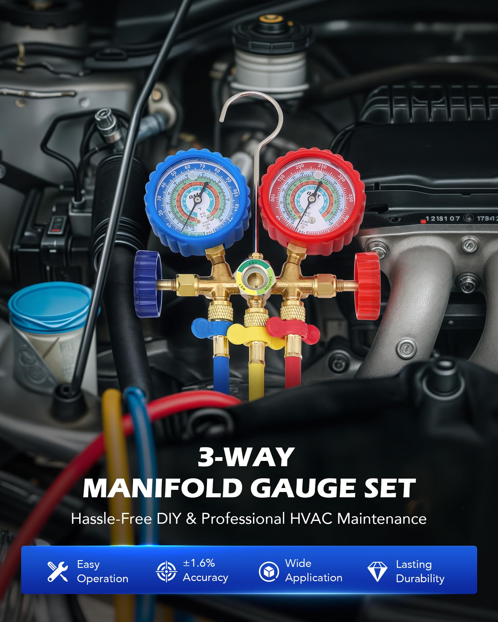 Orion Motor Tech three way gauge for precise refrigerant testing