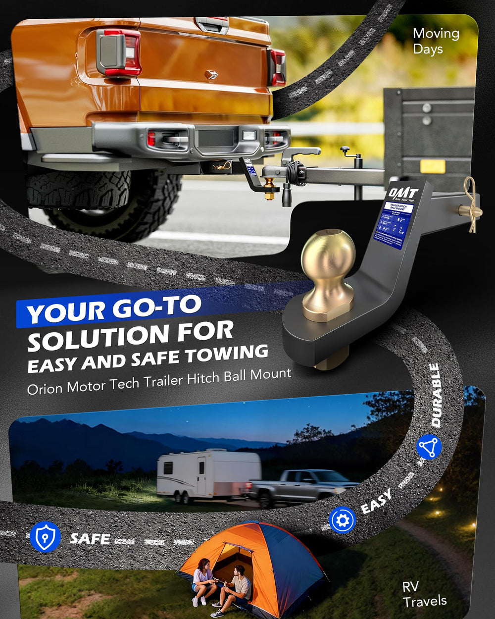 Orion Motor Tech hitch with 4in drop for level towing on low trailers