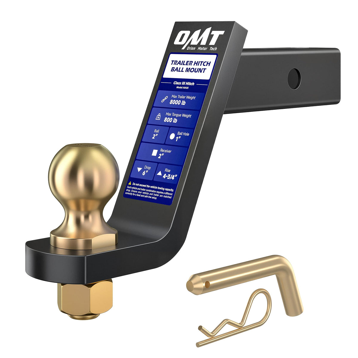 Orion Motor Tech trailer hitch ball mount, assembled for quick, tool-free tow setup.