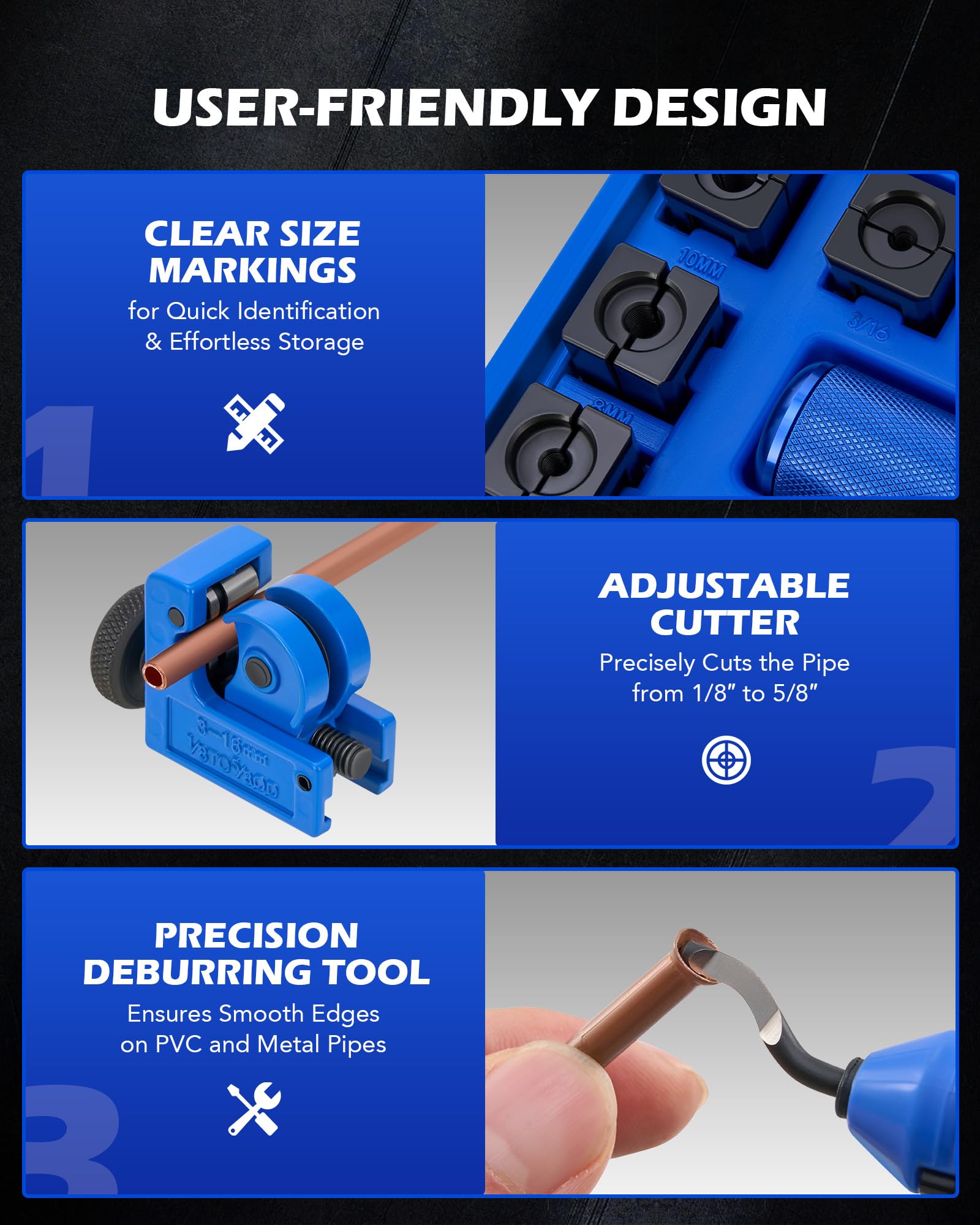 Transmission and cooling dies support 3/8 to 1/2 inch line work.