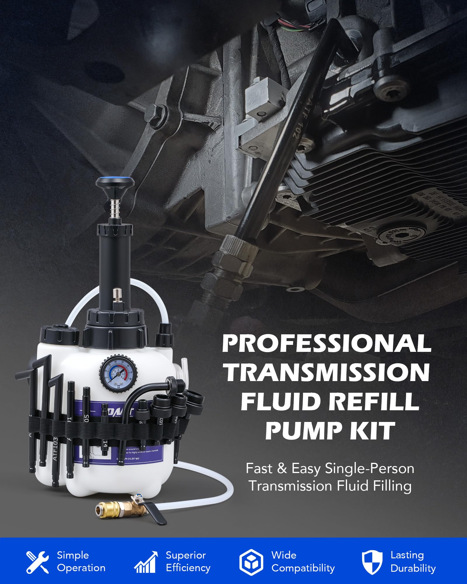 Orion Motor Tech pump with 12 aluminum adapters enabling broad vehicle compatibility.