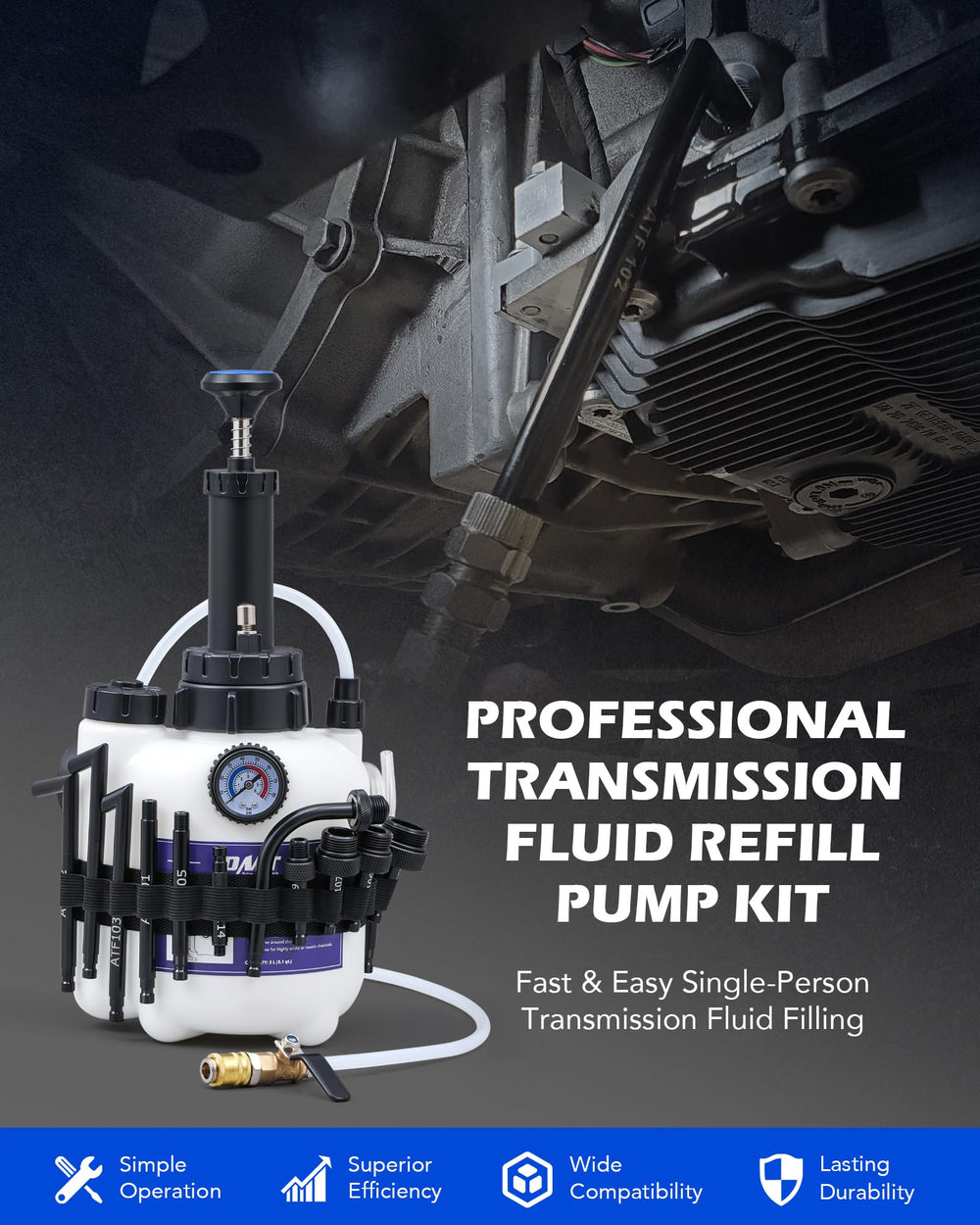 Orion Motor Tech pump with 12 aluminum adapters enabling broad vehicle compatibility.