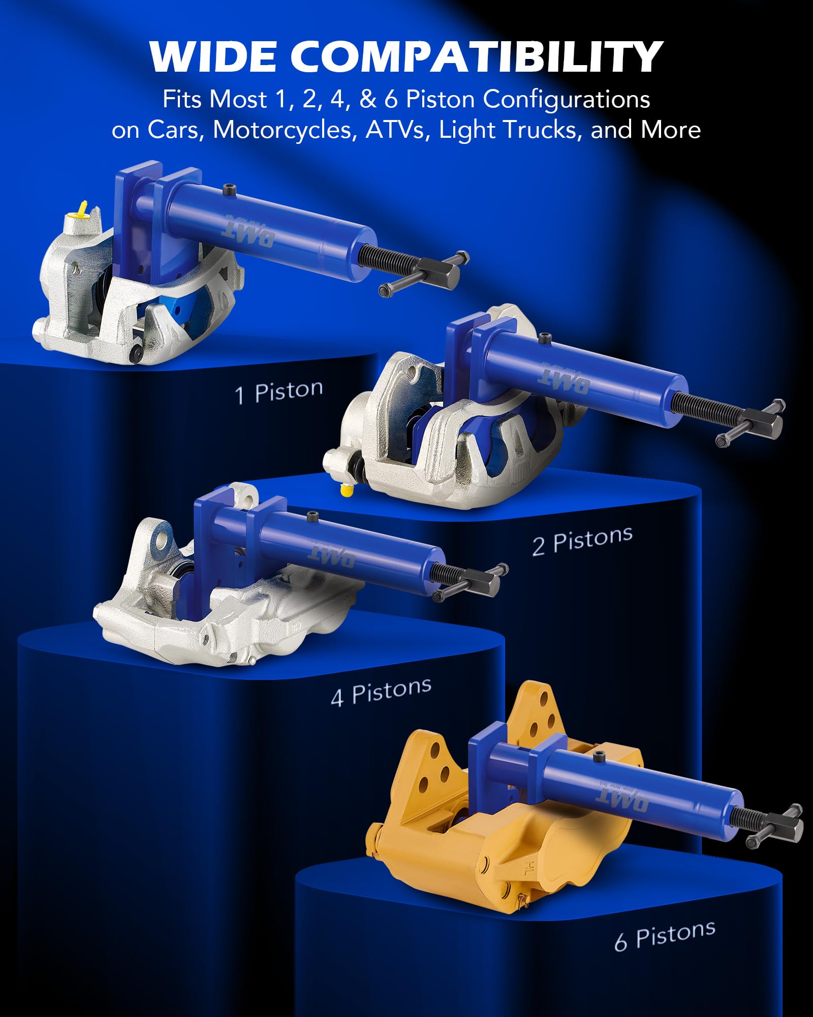 Universal compatibility with 1–6 piston brake calipers across vehicles