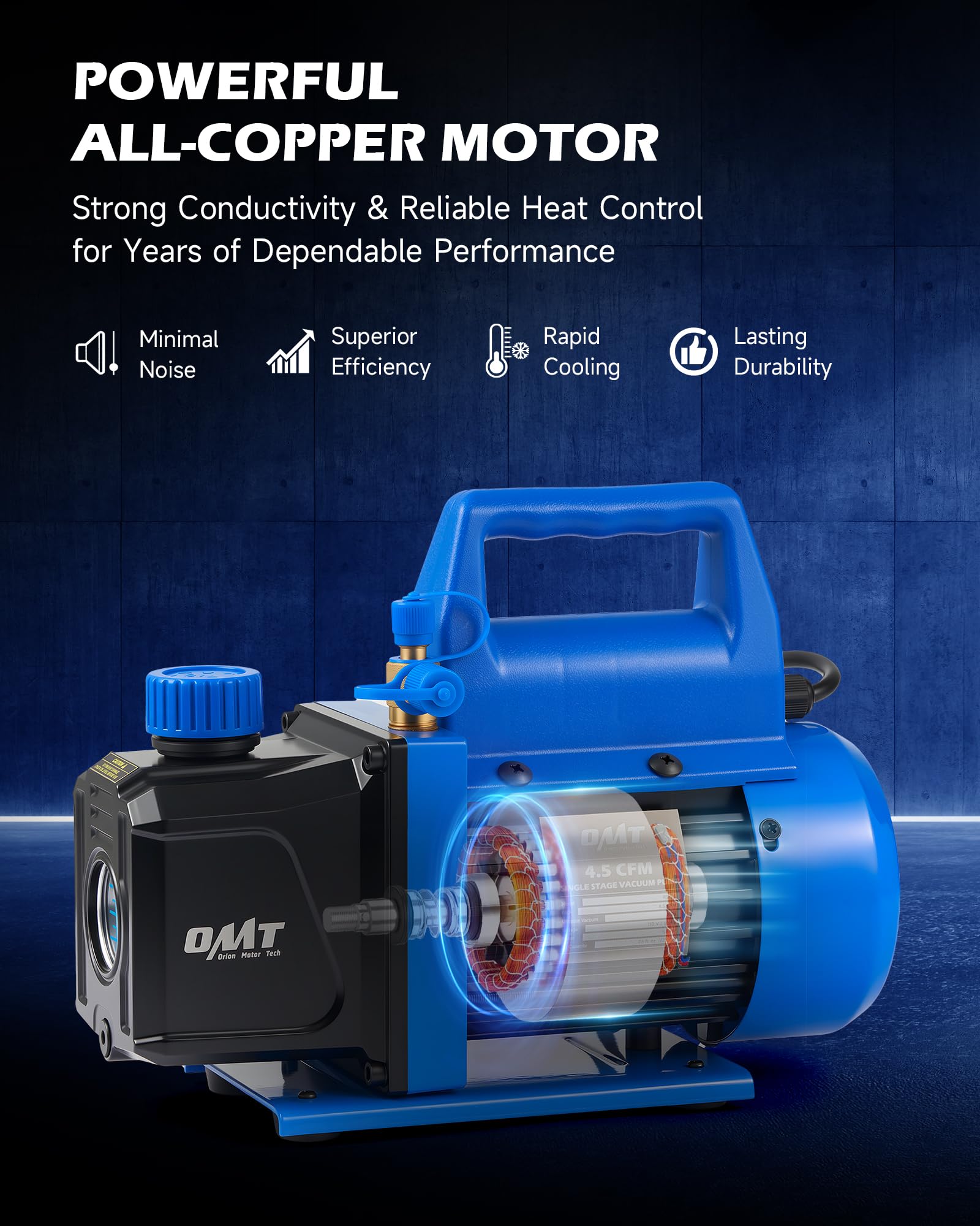 Orion Motor Tech vacuum pump aluminum casing for durable, heat-dissipating operation.