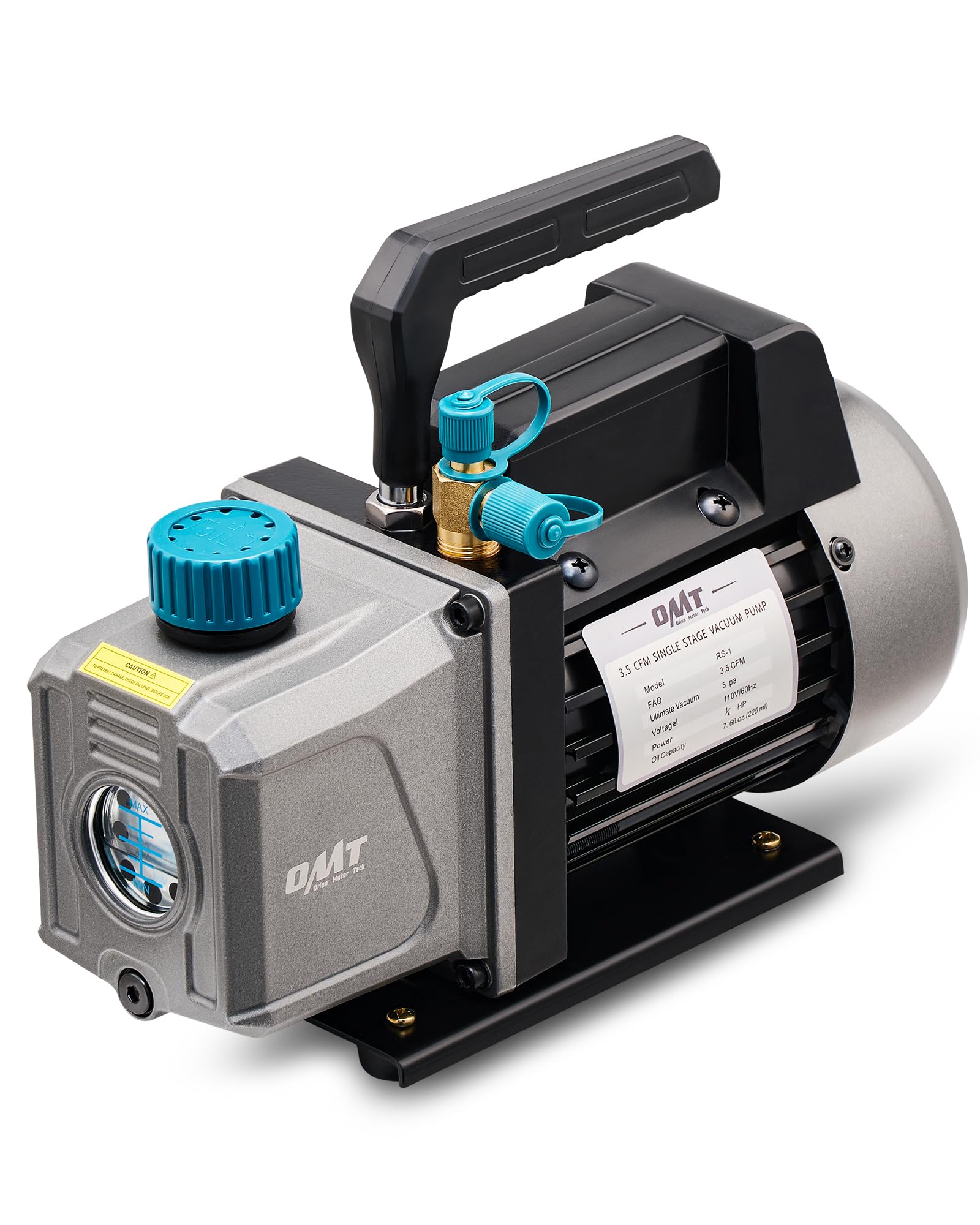 Orion Motor Tech vacuum pump assembled for HVAC service with rugged aluminum casing.