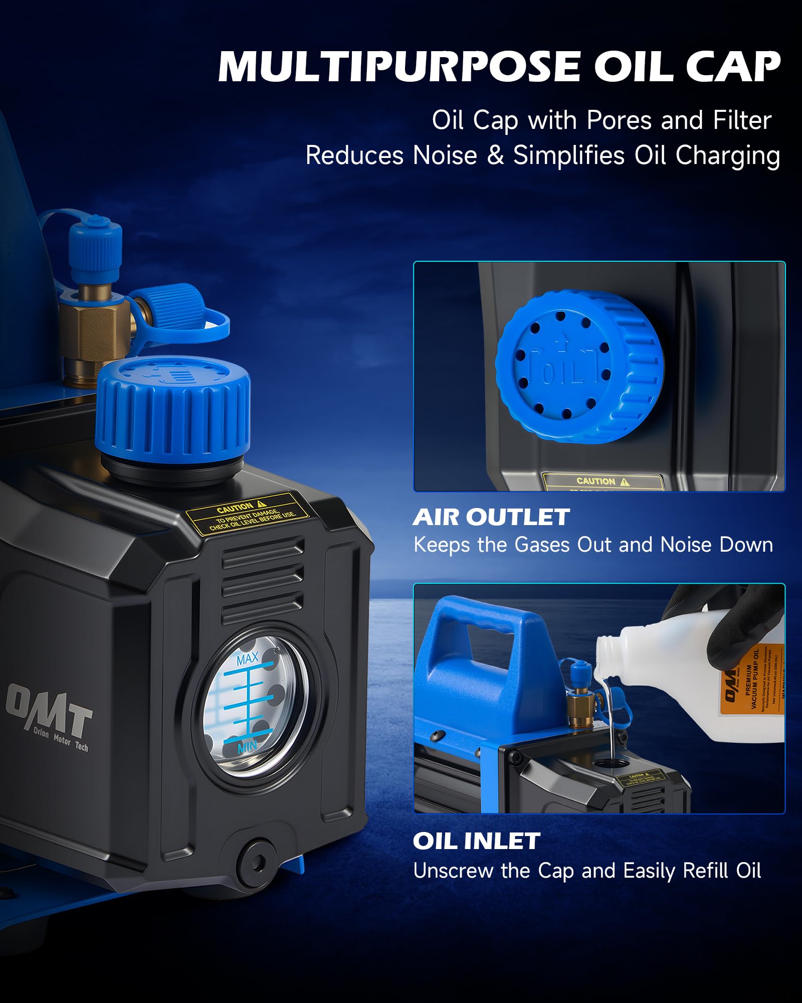 Orion Motor Tech vacuum pump hose compatibility supports 1/4, 1/2, and 3/8 inch hoses.