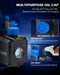 Orion Motor Tech vacuum pump hose compatibility supports 1/4, 1/2, and 3/8 inch hoses.