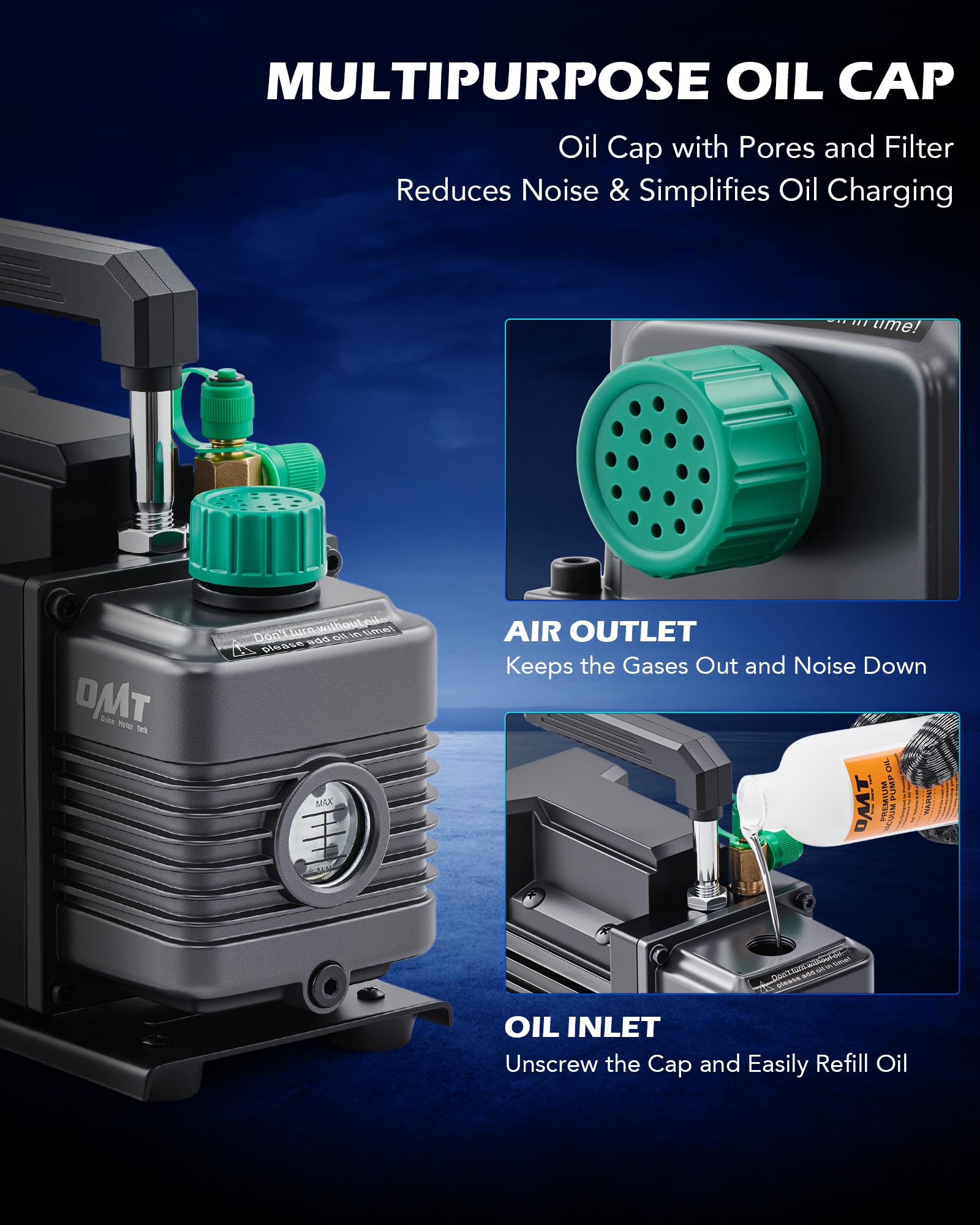 Orion Motor Tech vacuum pump connected to hoses versatile for HVAC and degassing tasks