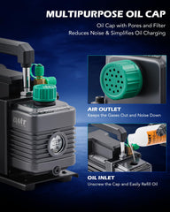 Orion Motor Tech vacuum pump connected to hoses versatile for HVAC and degassing tasks