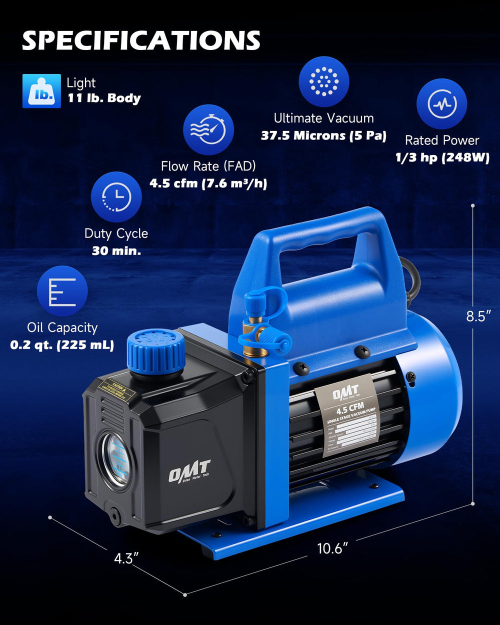Orion Motor Tech vacuum pump sight glass shows oil level for easy maintenance.