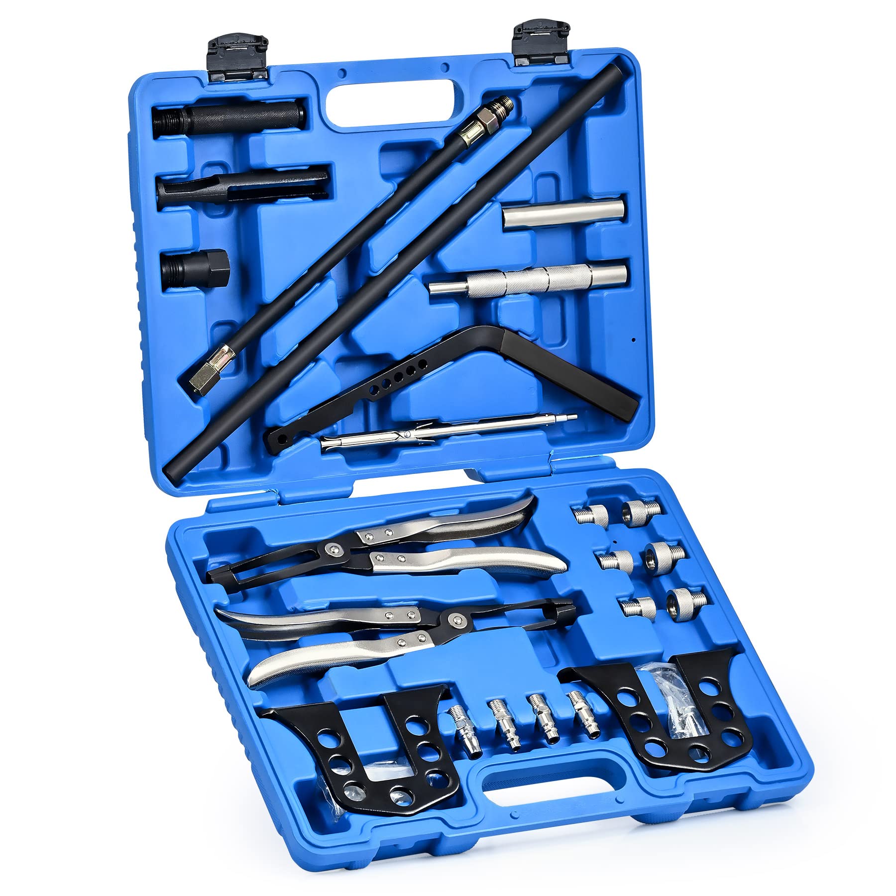 Orion Motor Tech valve spring compressor in overhead engine service for easy removal.