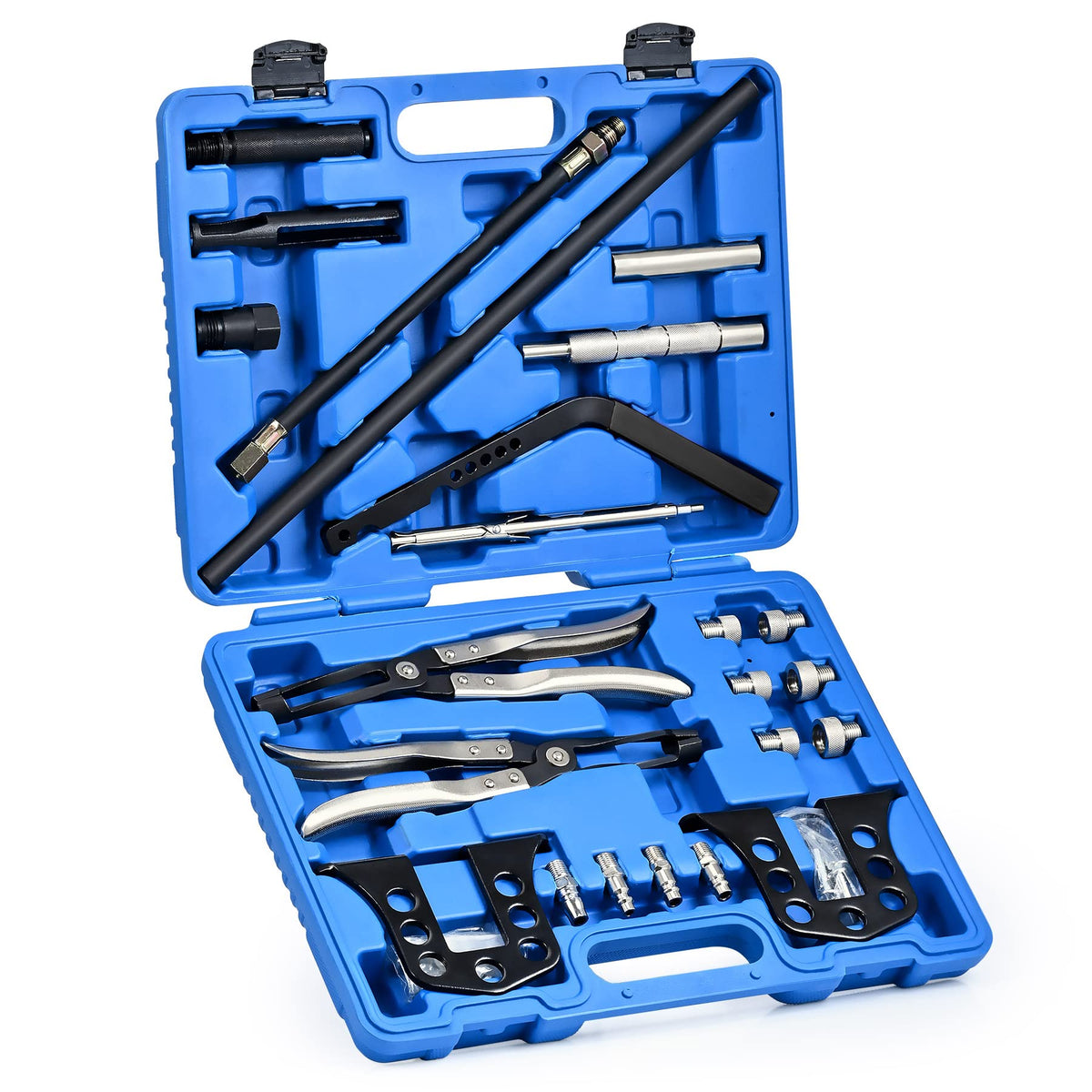 Orion Motor Tech valve spring compressor in overhead engine service for easy removal.