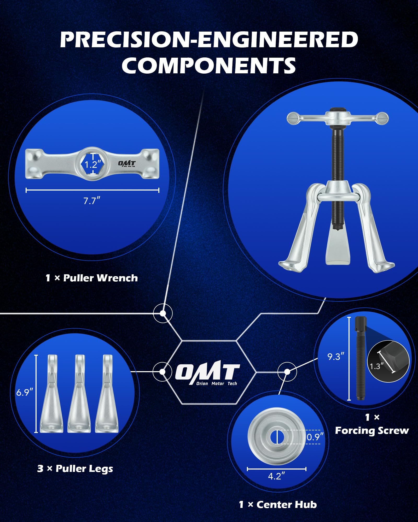 Orion Motor Tech wheel hub removal tool closeup highlights sturdy construction and reliability.