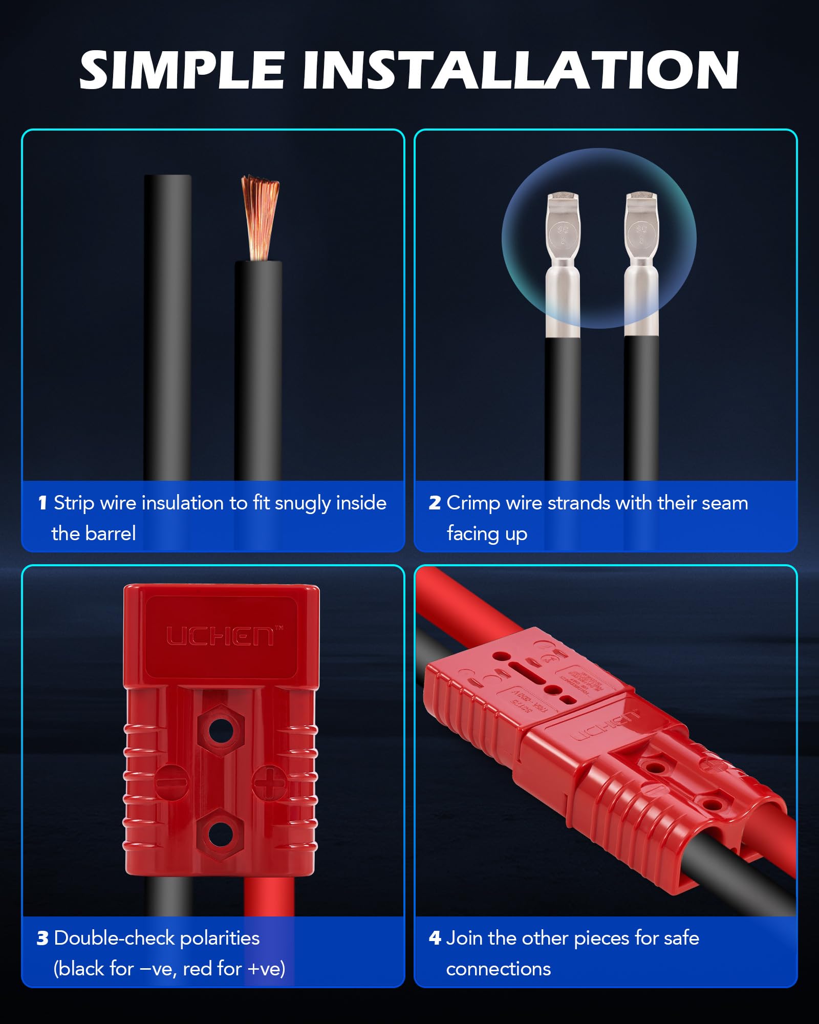 Orion Motor Tech wire connector 4-pack in-use on battery setup shows quick connect utility.