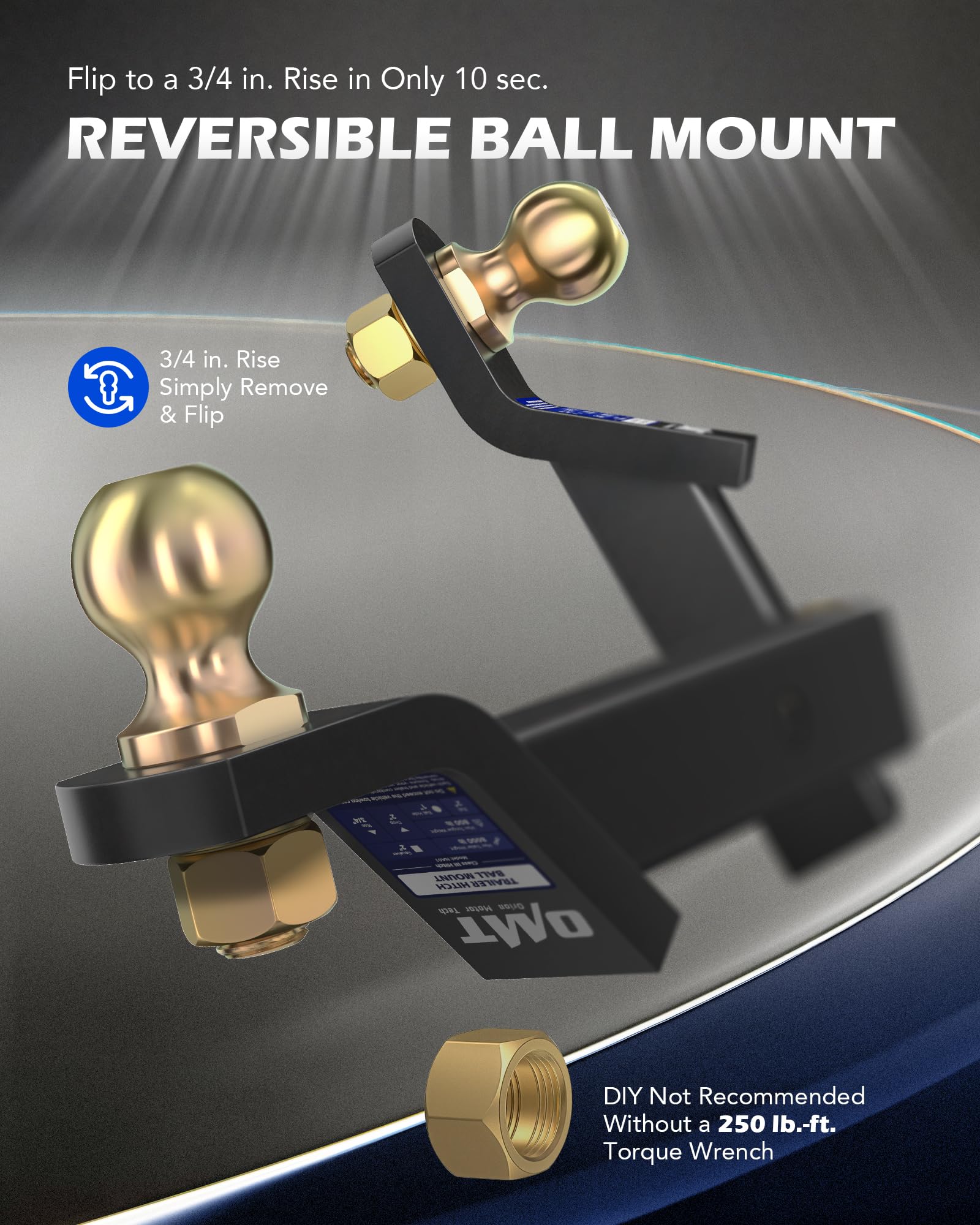 Orion Motor Tech zinc-plated hitch ball for corrosion resistance in rugged conditions.