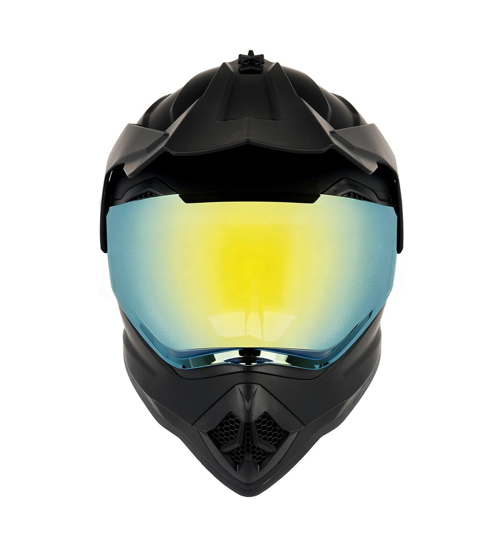 Orthrus youth dirt bike helmet front view in matte black, dual sport riding ready