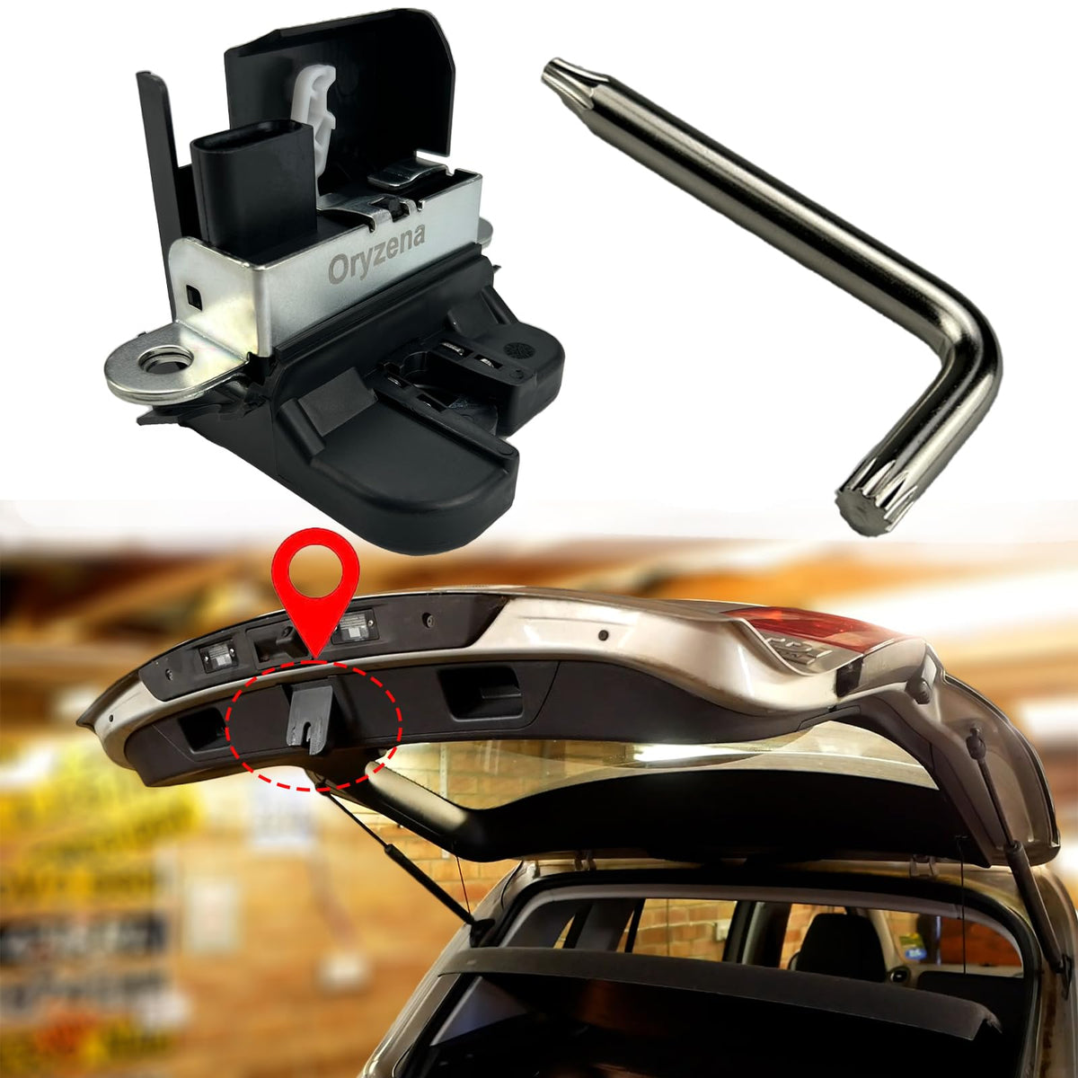 Oryzena trunk latch actuator close-up showing OEM design for direct-fit installation