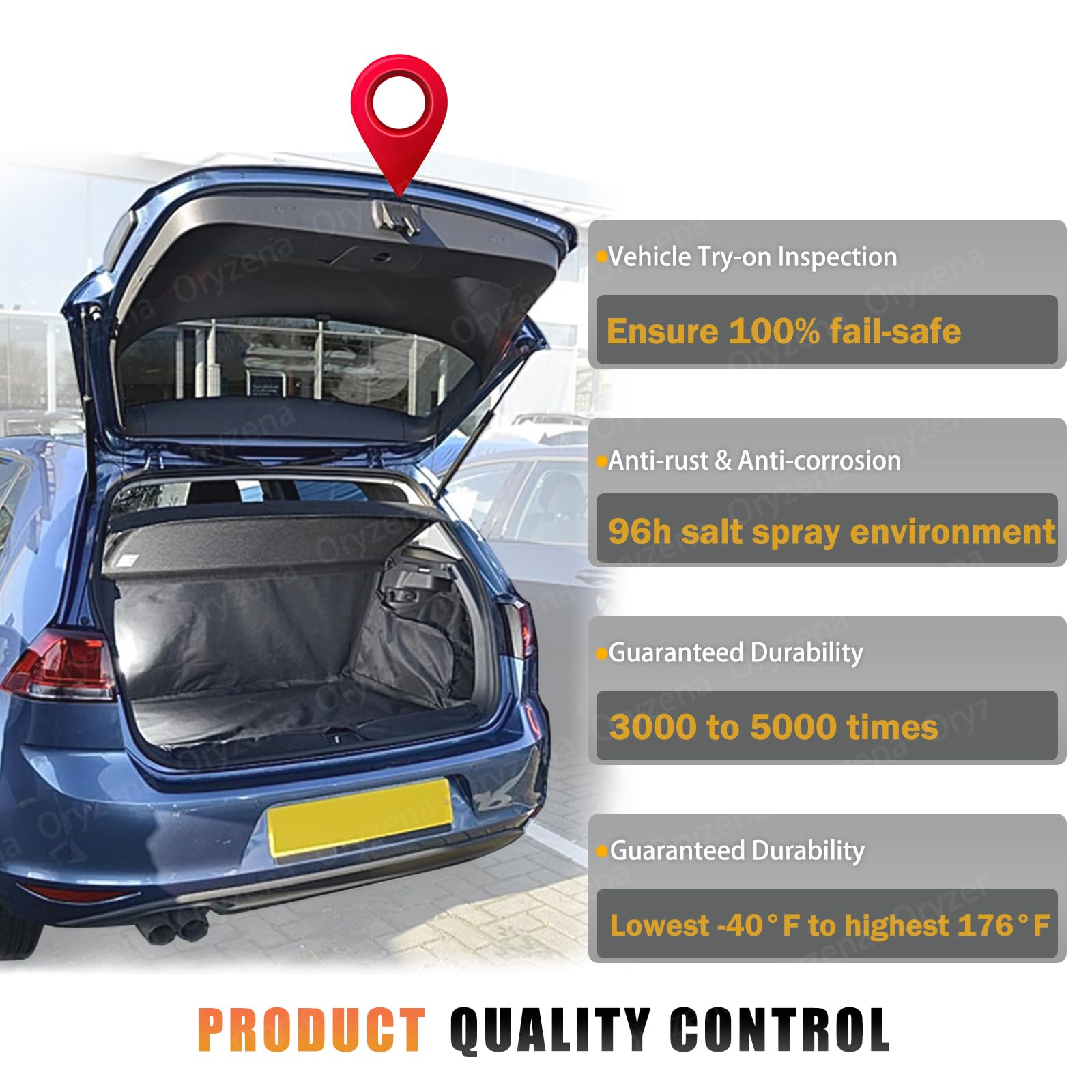 Oryzena trunk latch actuator warranty info badge indicates 12-month coverage