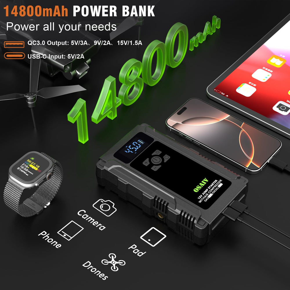 osaiv jump starter 14800mAh power bank charging a smartphone