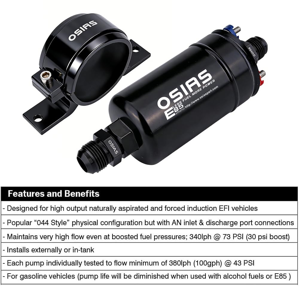 OSIAS 12V pump with AN10 inlet and AN6 outlet enabling flexible fuel routing