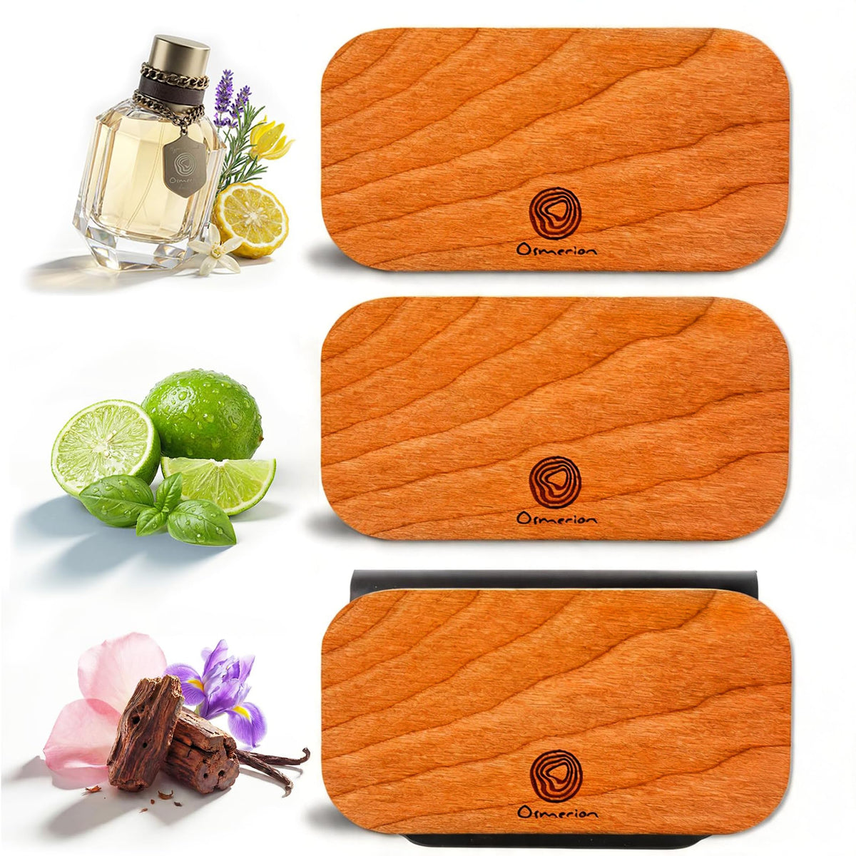 Osmerion wood air freshener on visor clip adding subtle fragrance to your car