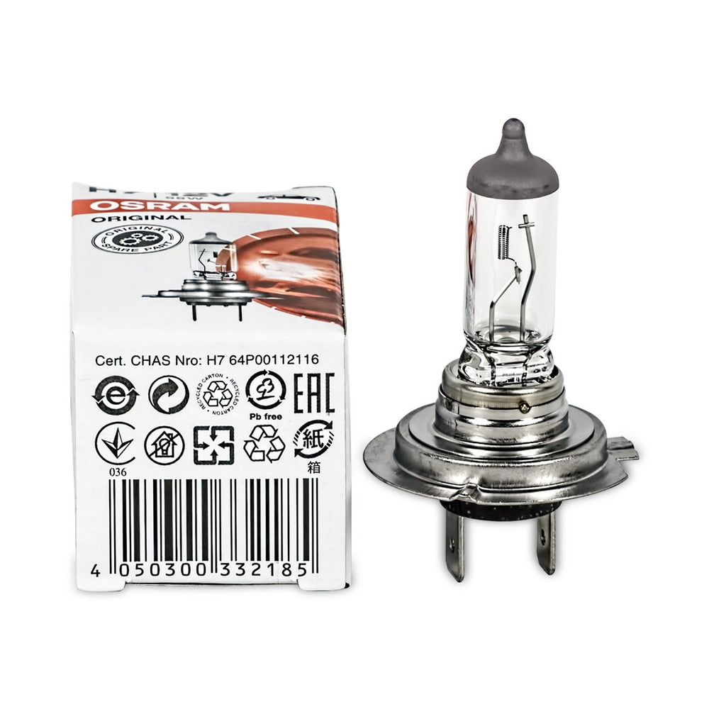 OSRAM 64210 H7 original line side view halogen bulbs installed in headlamp assembly
